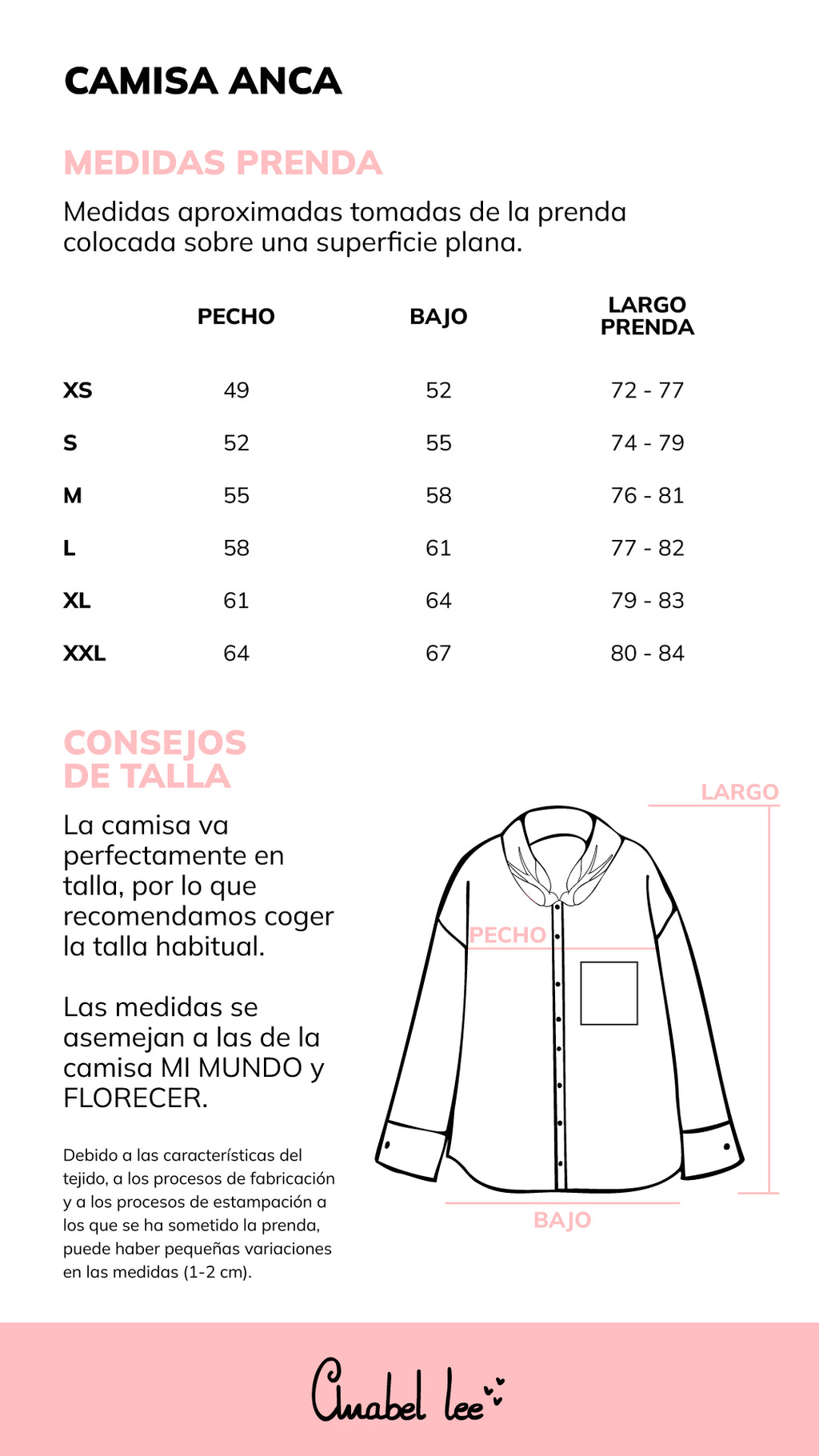 Guía de tallas CAMISA ANCA