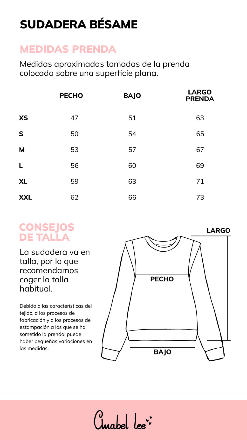 Guía de tallas SUDADERA BÉSAME