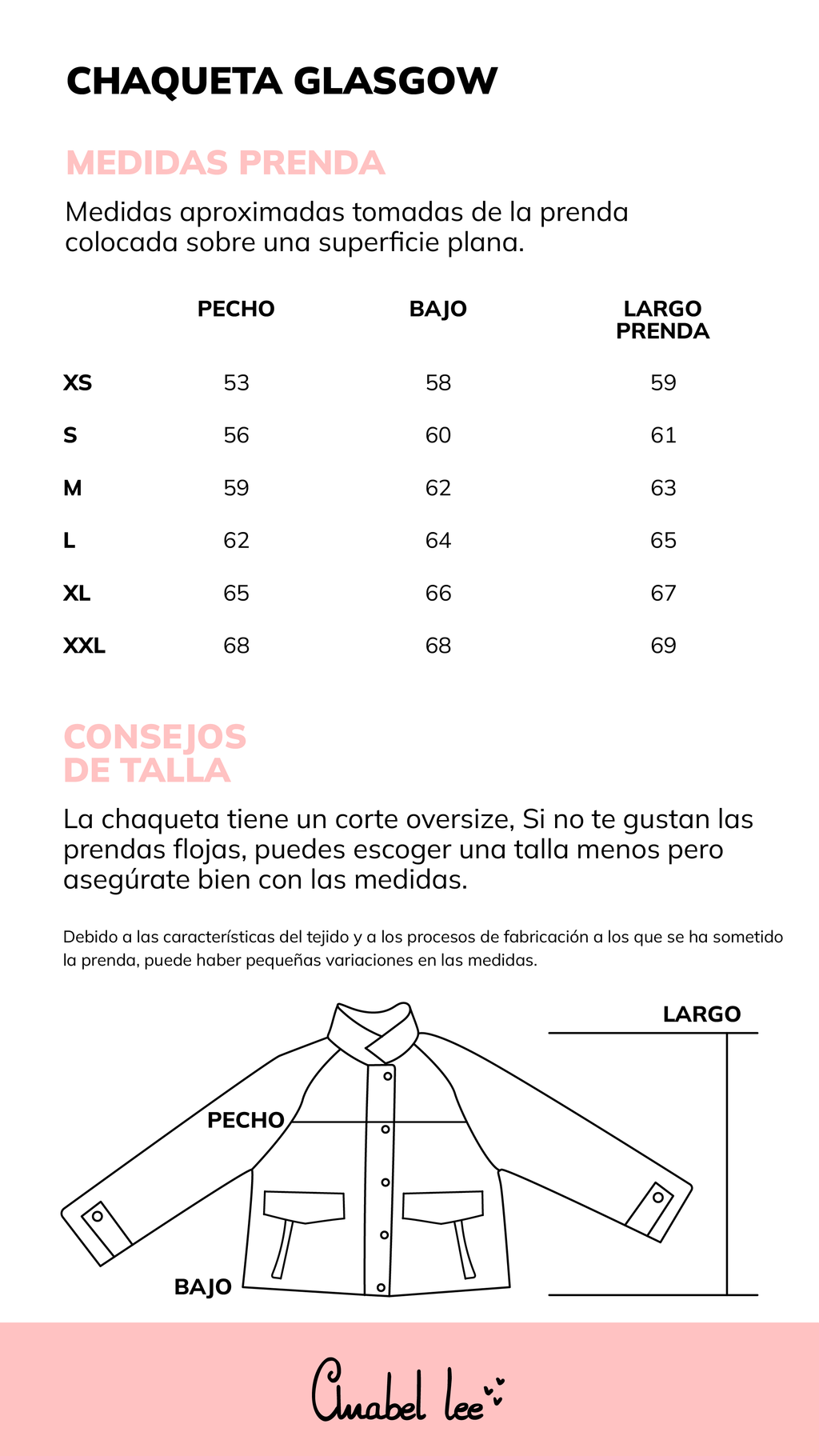 Guía de tallas CHAQUETA GLASGOW