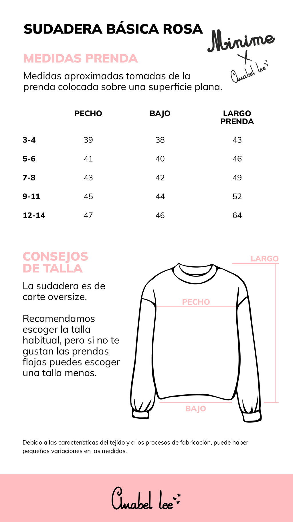 Guía de tallas SUDADERA BÁSICA ROSA NIÑA
