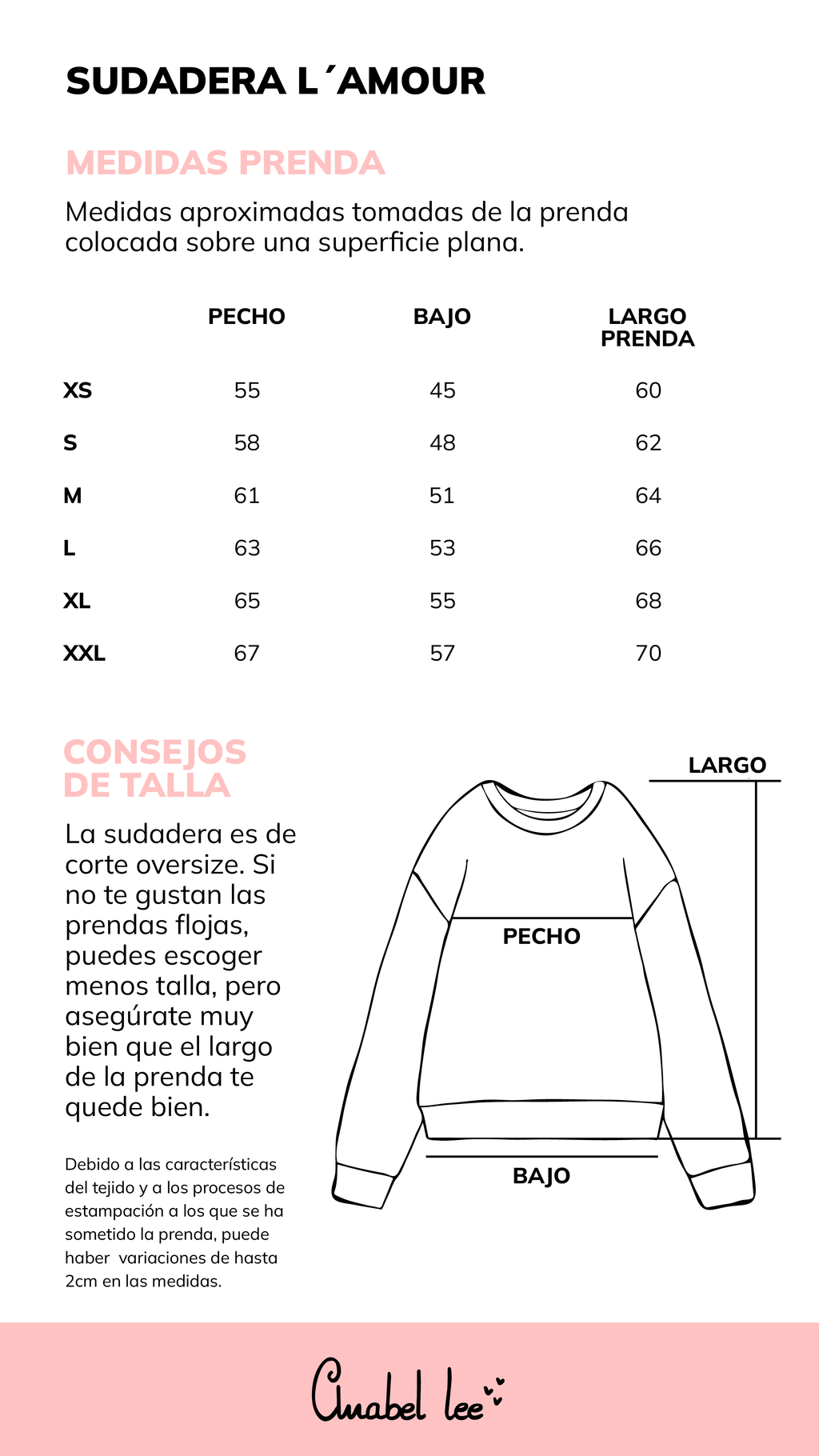 Guía de tallas SUDADERA L´AMOUR